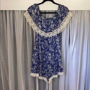 Off-Shoulder Blue & White Floral Romper